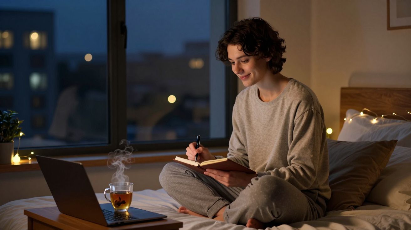 Pessoa sentada na cama à noite, escrevendo num caderno com um chá quente ao lado e computador portátil aberto.