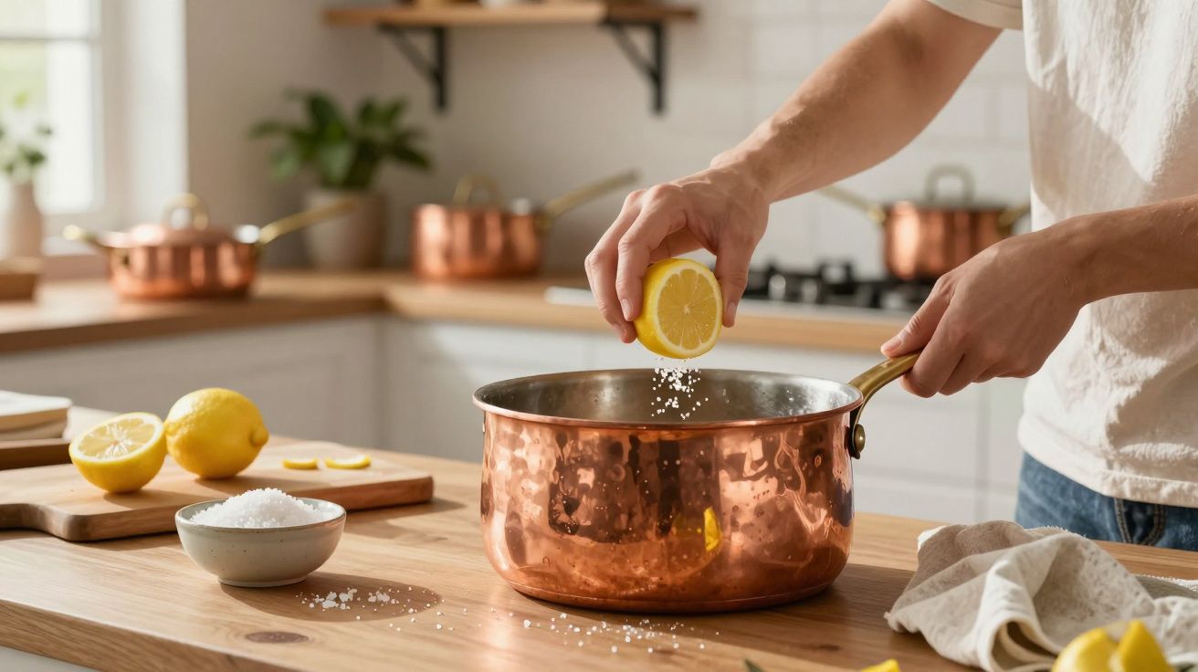 Pessoa a espremer limão num tacho de cobre na cozinha com limões e sal numa bancada de madeira.