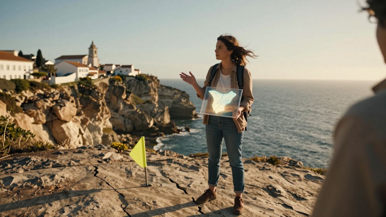 Mulher com mochila explica percurso turístico segurando mapa digital junto a falésia e mar ao pôr do sol.