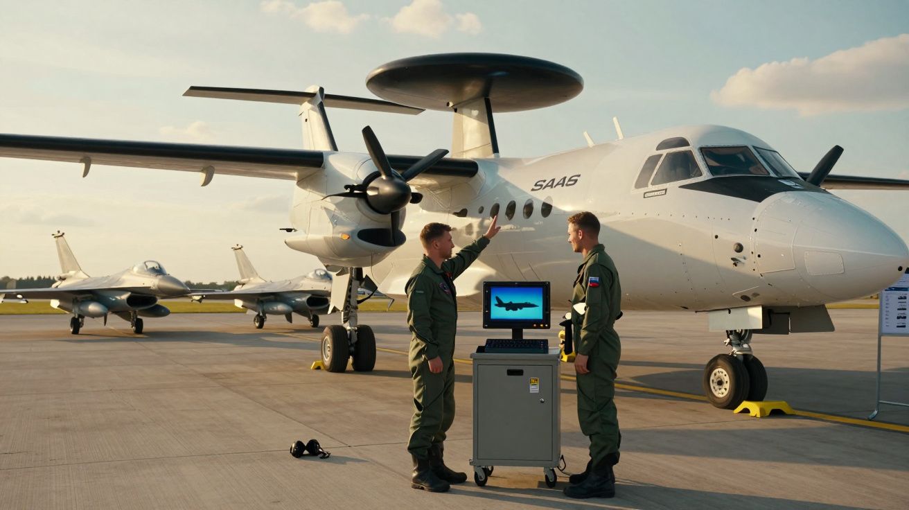 Dois militares em uniforme verde ao lado de avião de reconhecimento com radar no teto em pista de aeroporto.
