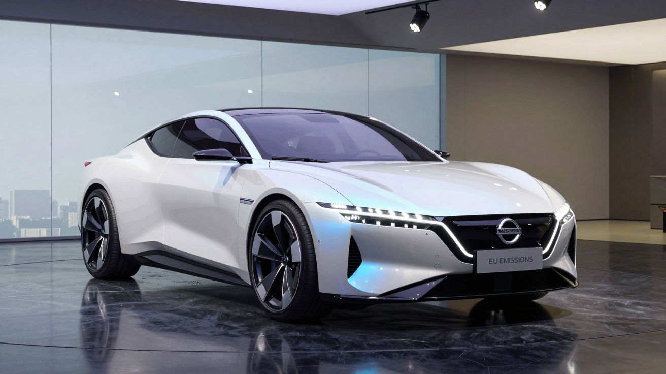 Carro desportivo elétrico branco com design futurista exposto em sala moderna com chão refletor.