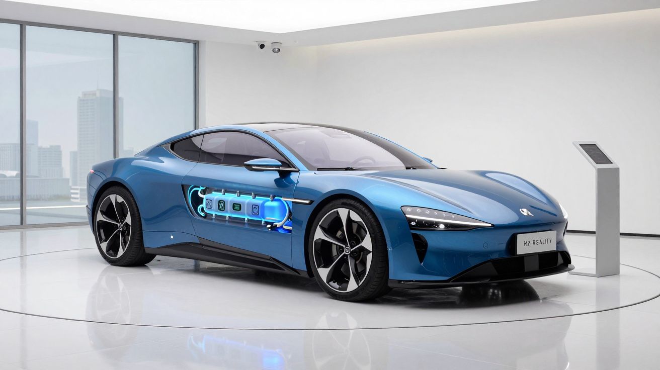 Carro elétrico azul em exposição, com gráfico digital ilustrando a bateria no lado lateral direito.