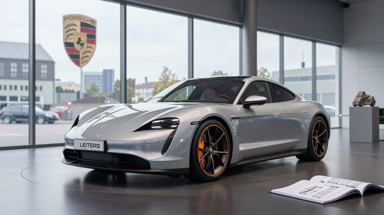 Carro desportivo Porsche elétrico em exposição numa sala moderna com janelas amplas e livro aberto no chão.