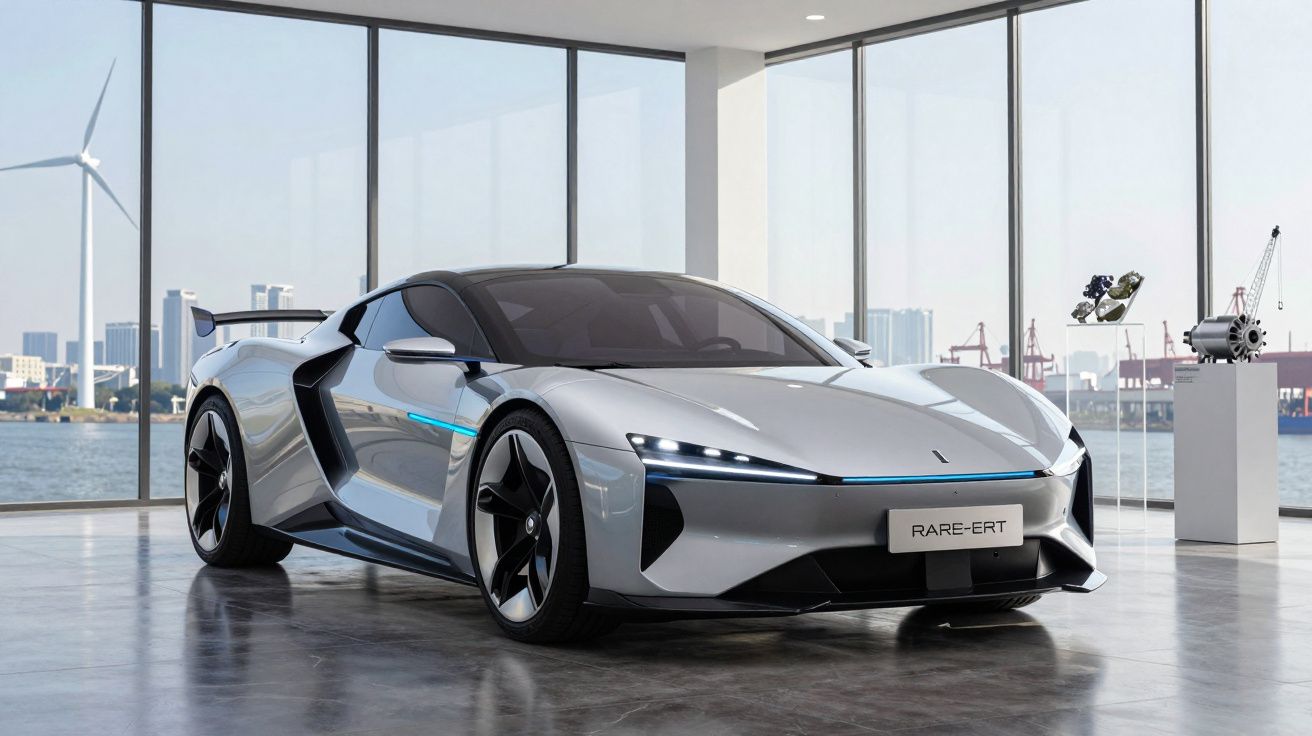 Carro desportivo elétrico prateado num espaço de exposição moderno com janelas grandes e vista para o porto.