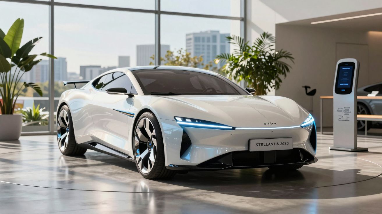 Carro elétrico desportivo branco numa sala moderna com janelas grandes e plantas decorativas.