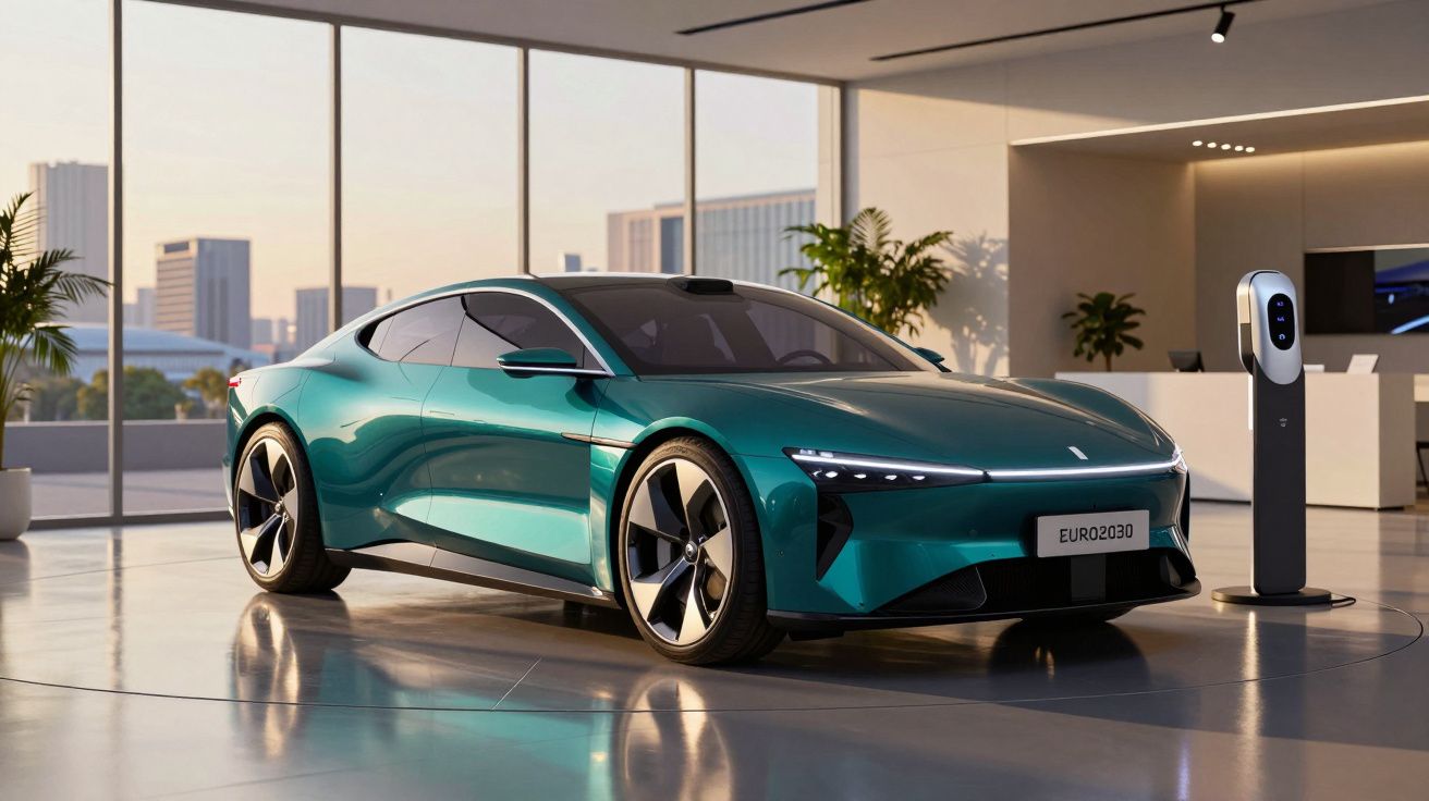 Carro elétrico desportivo verde num showroom moderno com carregador elétrico ao lado.