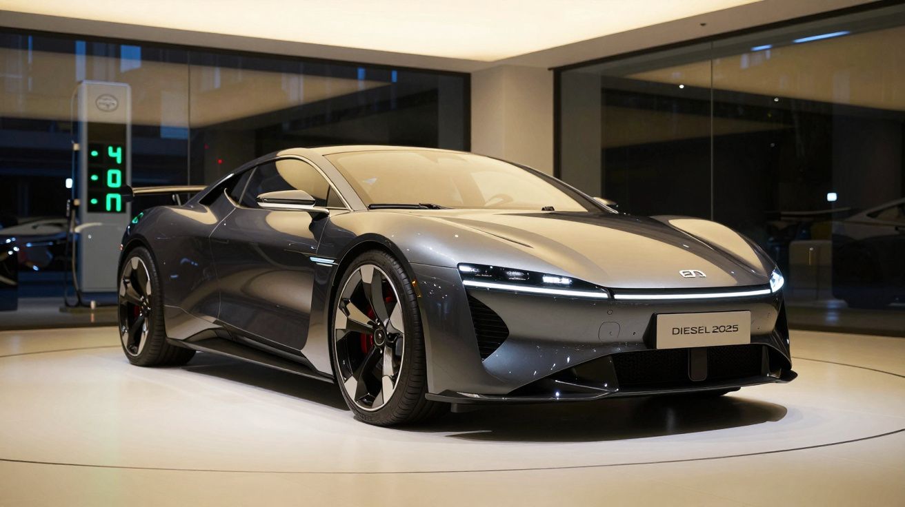 Carro desportivo eléctrico cinzento reluzente numa exposição moderna com iluminação ambiente suave.