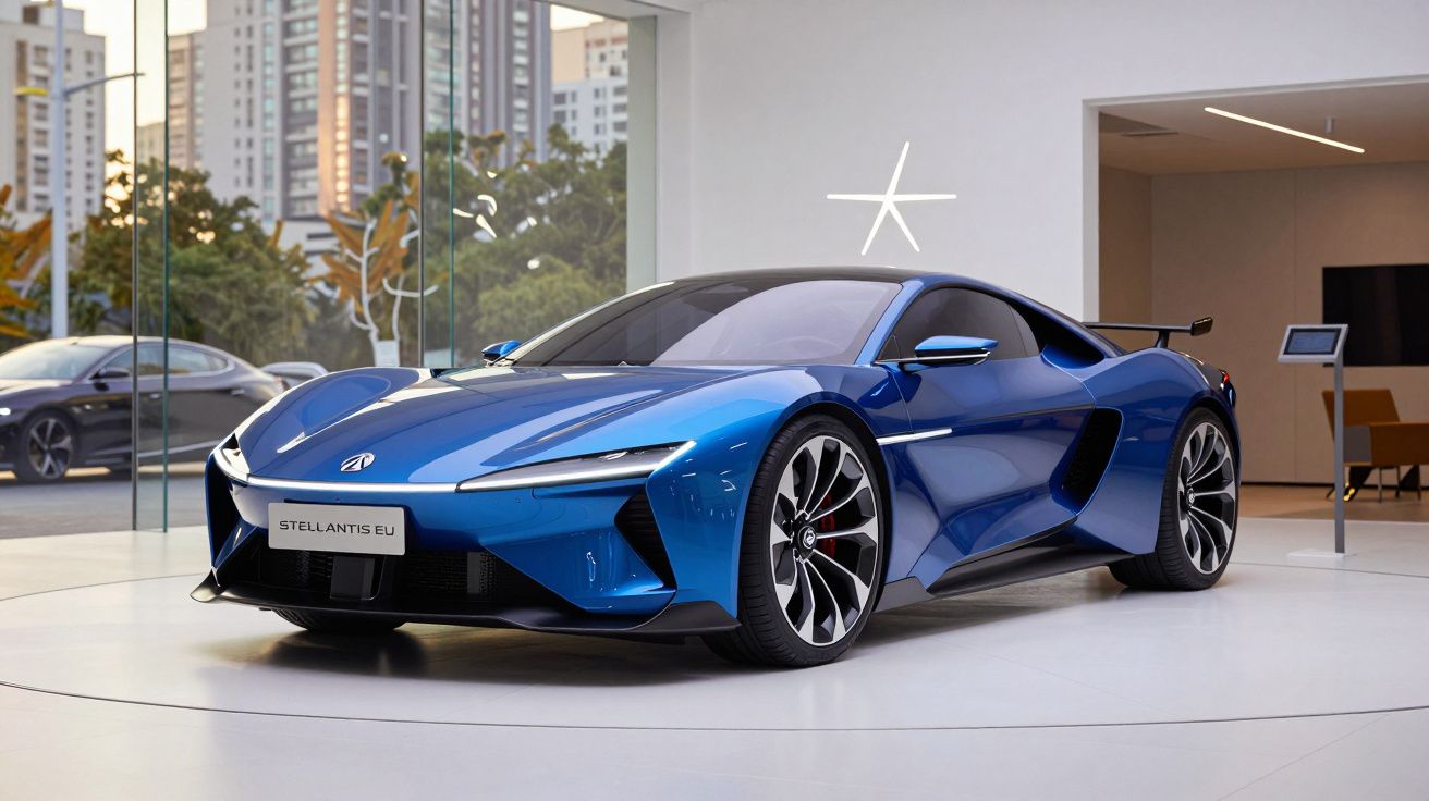 Carro desportivo azul moderno em exposição dentro de uma loja com janelas amplas e vista urbana.