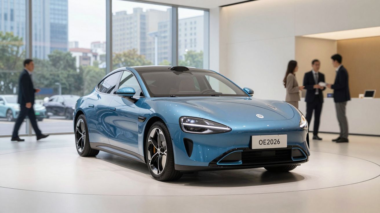 Carro elétrico azul apresentado num espaço moderno com três pessoas ao fundo a discutir.