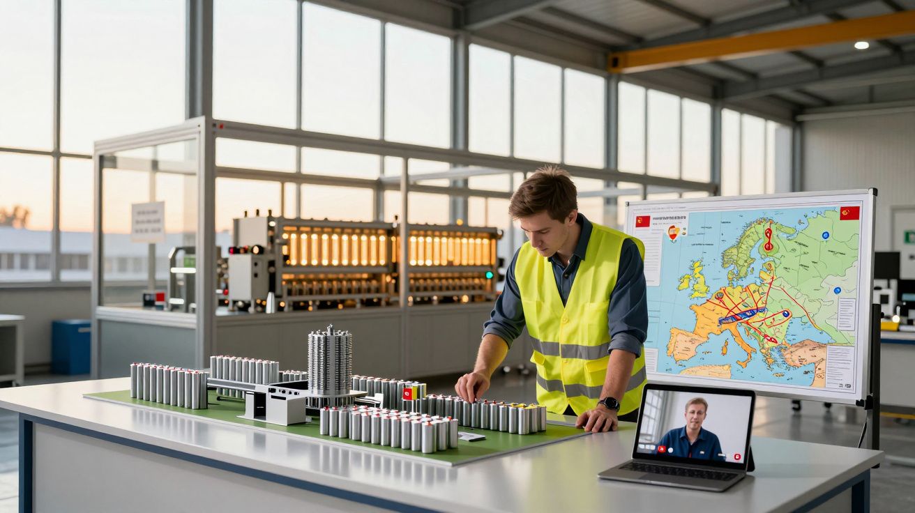 Engenheiro com colete refletor analisa maquete industrial em mesa com mapa da Europa e videochamada num portátil.