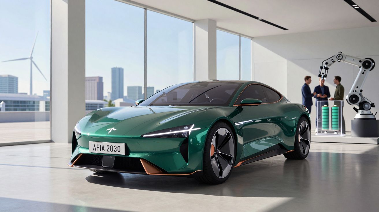 Carro elétrico verde num showroom moderno com janelas amplas e três pessoas a conversar ao fundo.