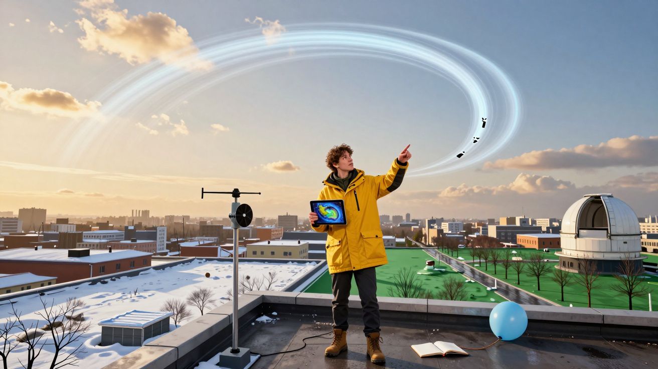 Pessoa de casaco amarelo no telhado com tablet, apontando para órbitas animadas no céu ao pôr do sol.