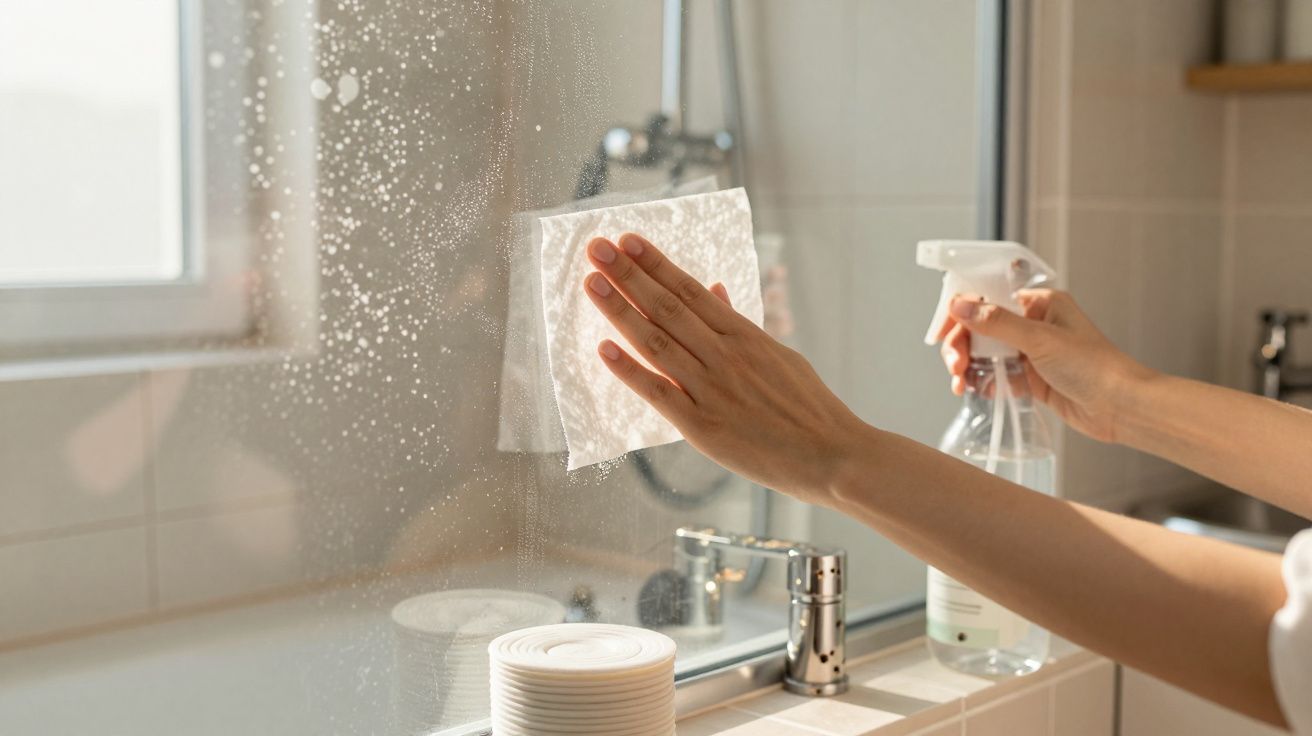 Pessoa a limpar um espelho de casa de banho com um pano e um spray de limpeza transparente.