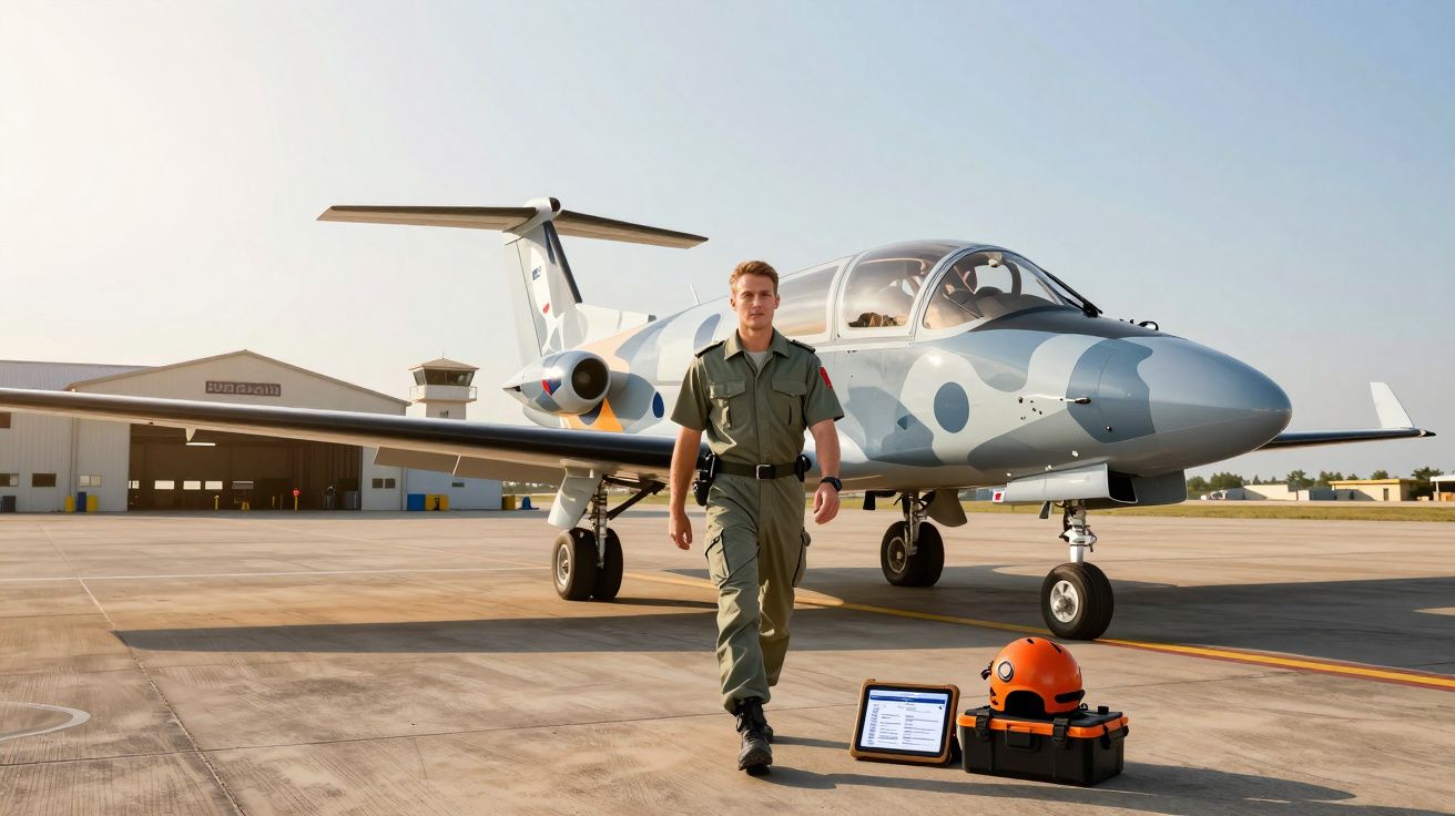 Piloto militar a caminhar na pista com avião furtivo e equipamento de manutenção ao lado.