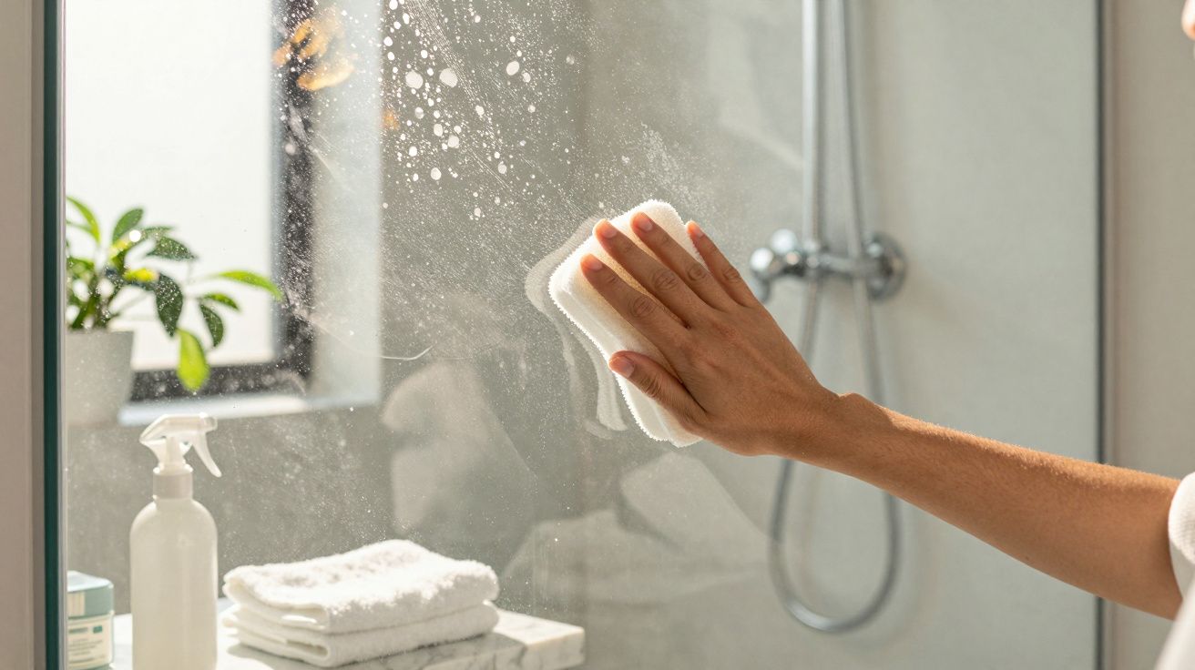 Mão a limpar um espelho embaciado numa casa de banho com uma toalha branca.