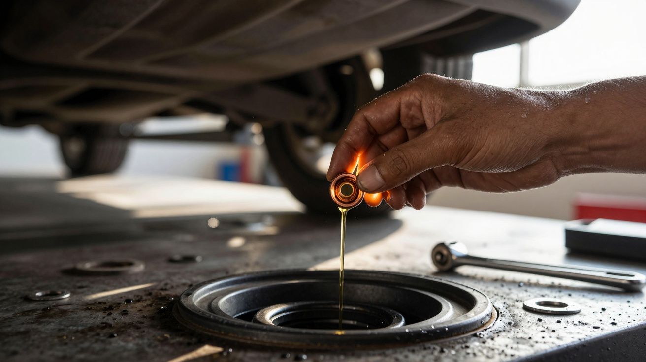 Mão derrama óleo de motor usado para inspeção em oficina automóvel, com carro em fundo desfocado.