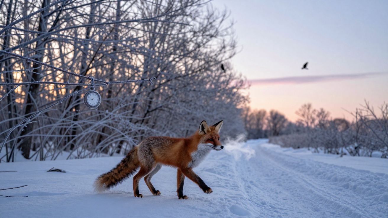 Raposa vermelha caminhando na neve com respiração visível em floresta gelada ao amanhecer.