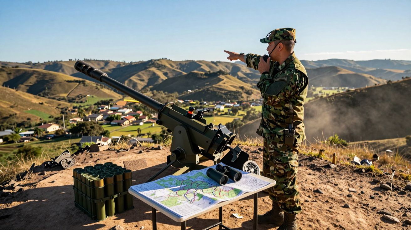 Soldado em uniforme camuflado aponta para a paisagem montanhosa junto a artilharia e mapas sobre uma mesa.