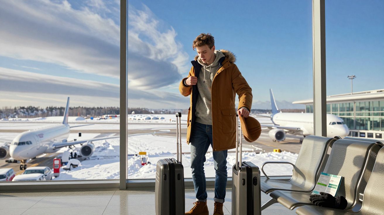 Homem com casaco castanho e malas na mão espera no aeroporto com paisagem de aviões e neve ao fundo.