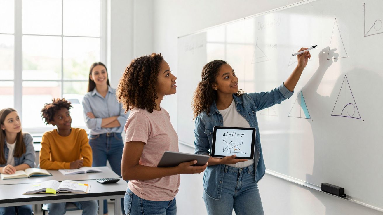 Estudantes numa sala de aula a aprender geometria, com uma a desenhar triângulos no quadro branco.