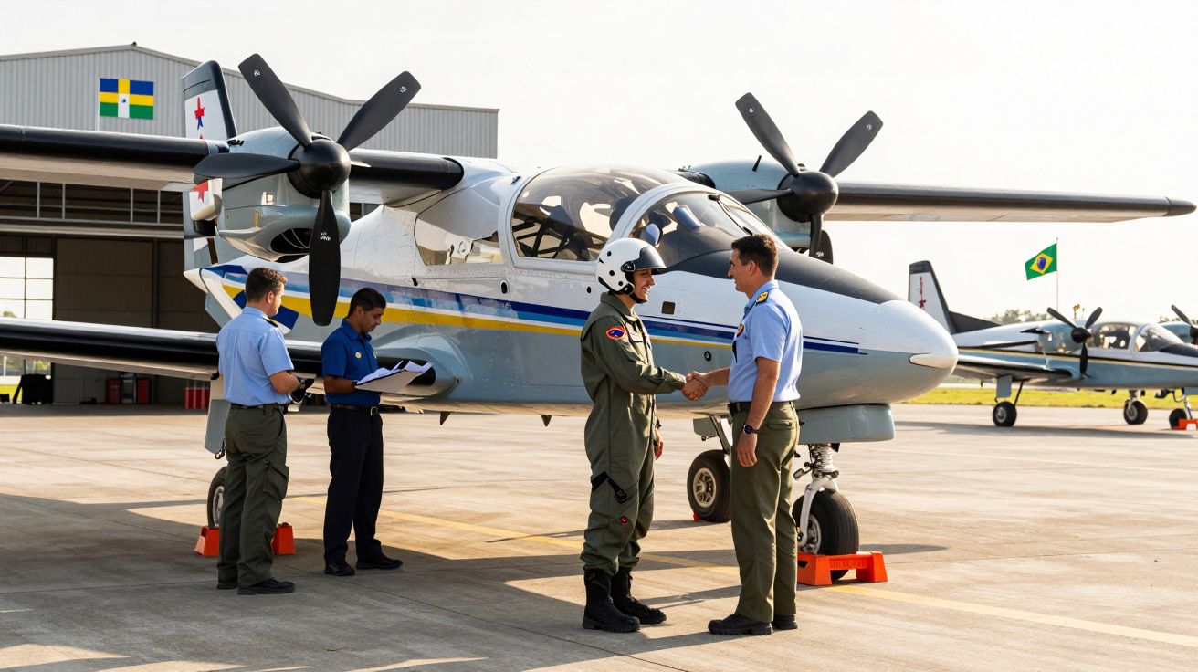Dois pilotos cumprimentam-se junto a um avião militar estacionado numa base aérea, com outros dois militares a consultar docu