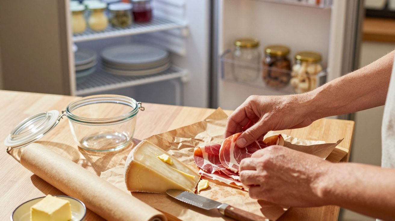Mãos a preparar fiambre numa bancada de madeira com queijo, manteiga, papel vegetal e um frasco de vidro ao lado.
