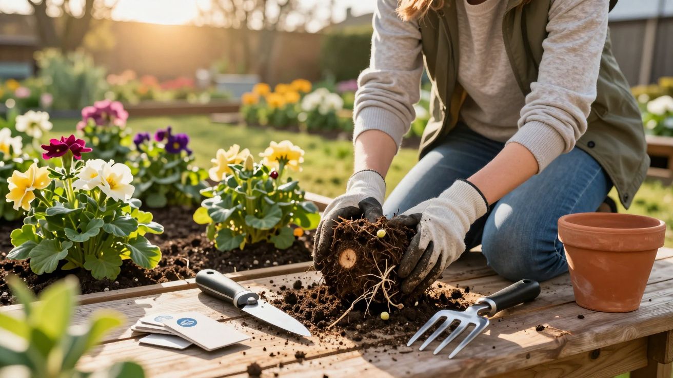 Pessoa a transplantar planta em vaso no jardim com flores coloridas e ferramentas de jardinagem.