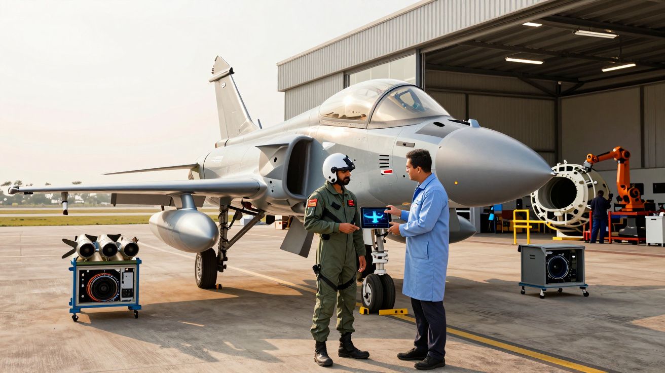 Piloto militar e engenheiro discutem plano com jacto de combate cinzento numa pista de hangar.
