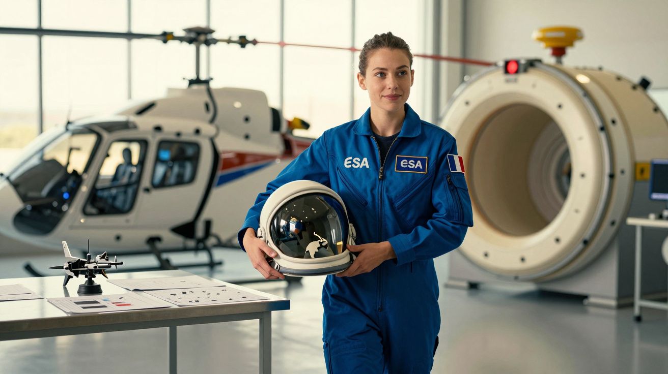 Mulher astronauta vestida de azul com capacete, em hangar com helicóptero e equipamento técnico.