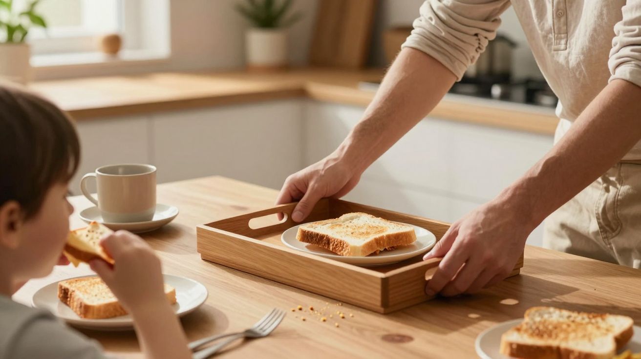 Pessoa a servir torrada numa mesa de madeira, com criança a comer torrada ao lado e chávena visível.