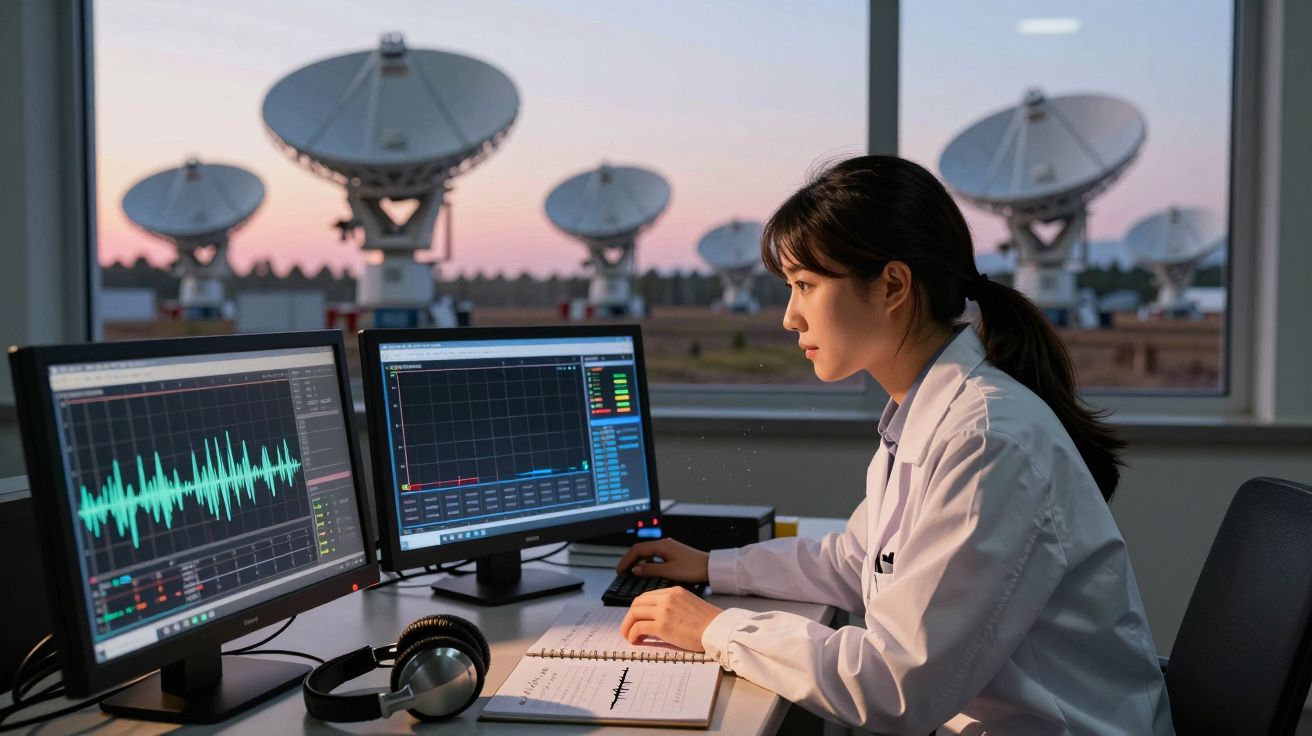 Mulher cientista analisa dados em monitores com antenas parabólicas ao fundo ao pôr do sol.