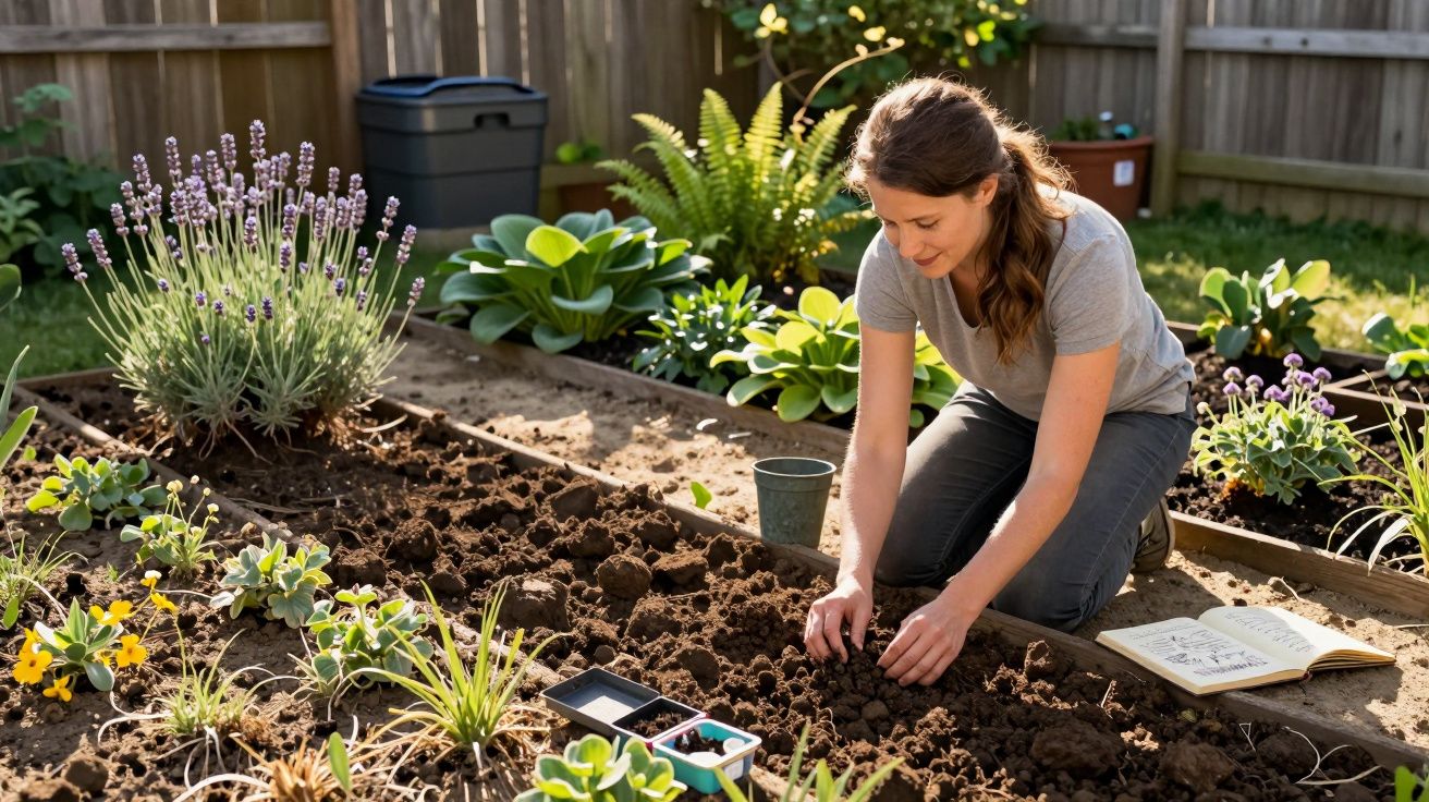 Mulher a plantar sementes num jardim junto a flores, com um livro aberto ao lado numa manhã ensolarada.