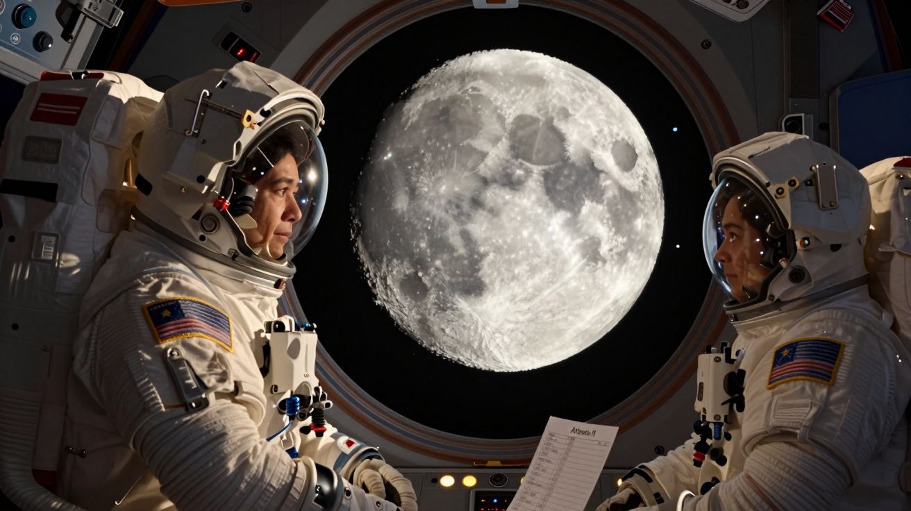 Dois astronautas em fato espacial dentro de uma nave, olhando para a Lua através da janela.