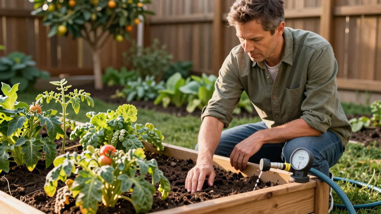 Homem a cuidar da terra numa horta elevada em jardim, com plantas de tomate e mangueira ao fundo.