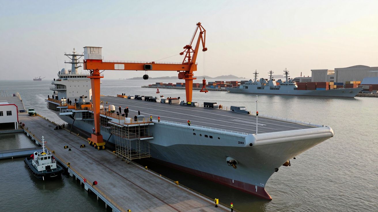 Porta-aviões cinza atracado em doca com grua industrial laranja e outros navios militares ao fundo.