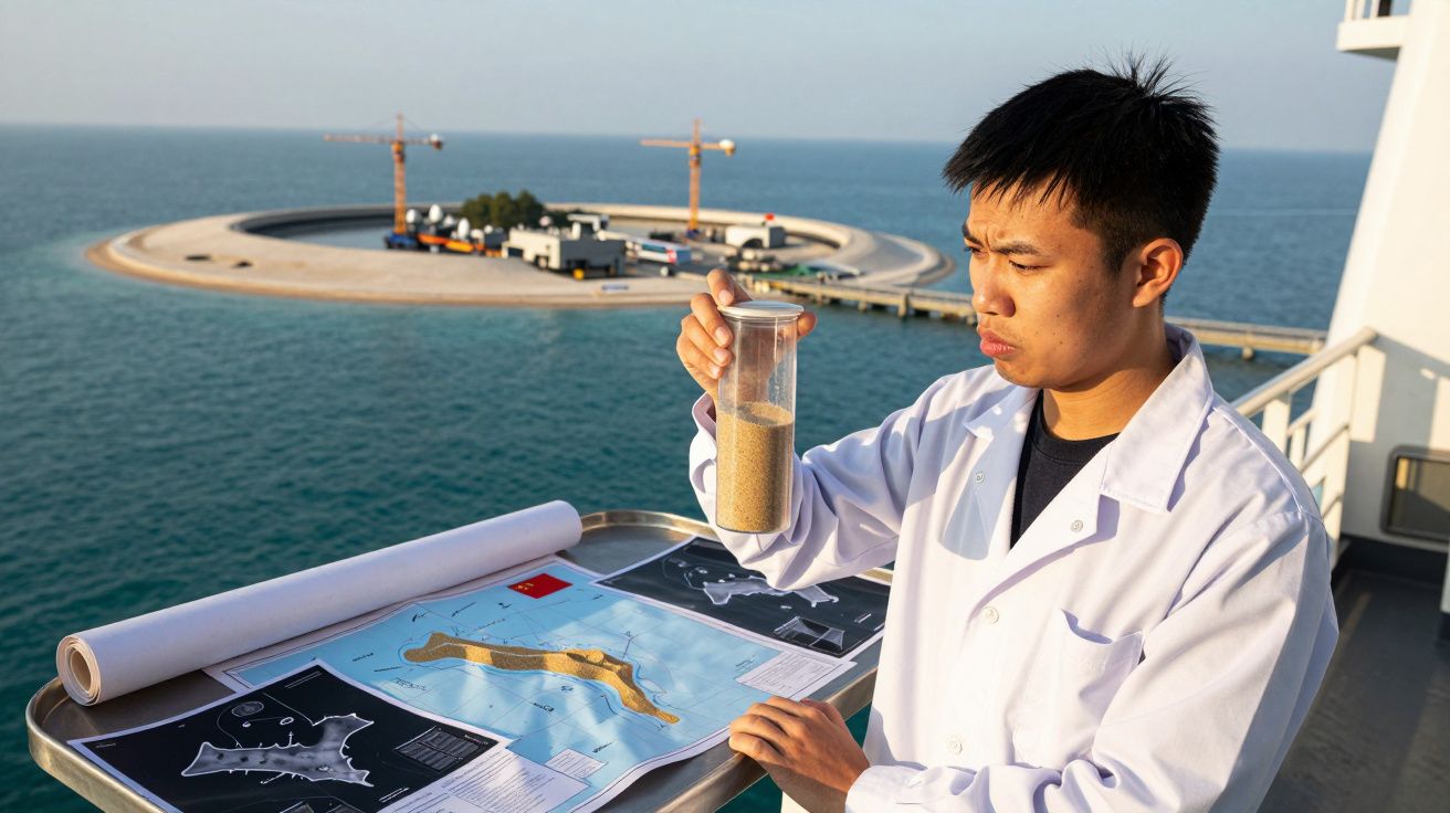 Homem de bata branca examina amostra de areia com mapa e ilha artificial ao fundo sobre o mar.