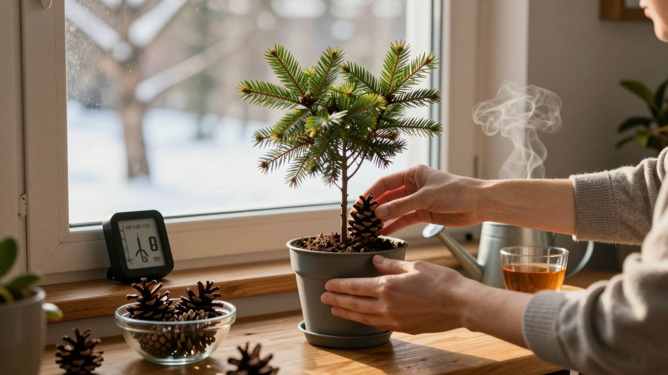 Pessoa a decorar uma pequena árvore de Natal em vaso com pinhas numa mesa junto à janela.