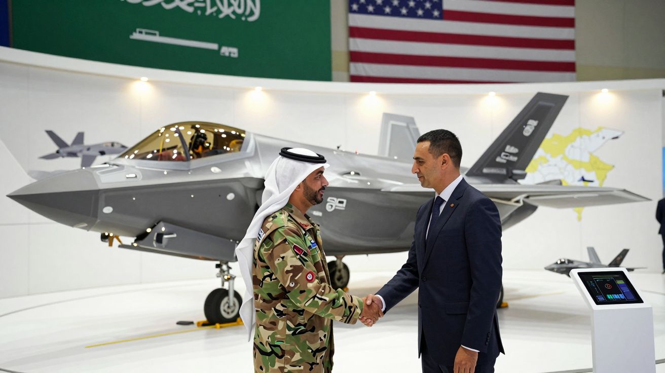 Dois homens trocam aperto de mão junto a um avião militar de combate com bandeiras da Arábia Saudita e dos EUA ao fundo.