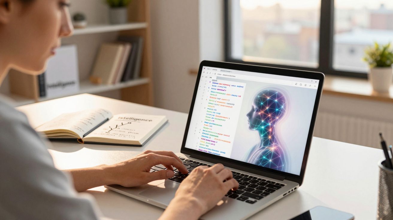 Pessoa a programar no portátil com imagem digital de cérebro humano e livro aberto numa mesa clara.