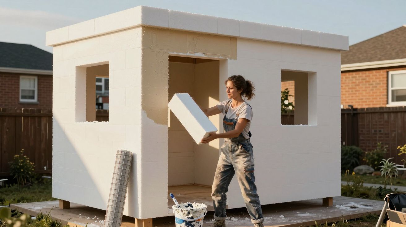 Mulher a construir casinha moderna branca com blocos de espuma no jardim durante o dia.
