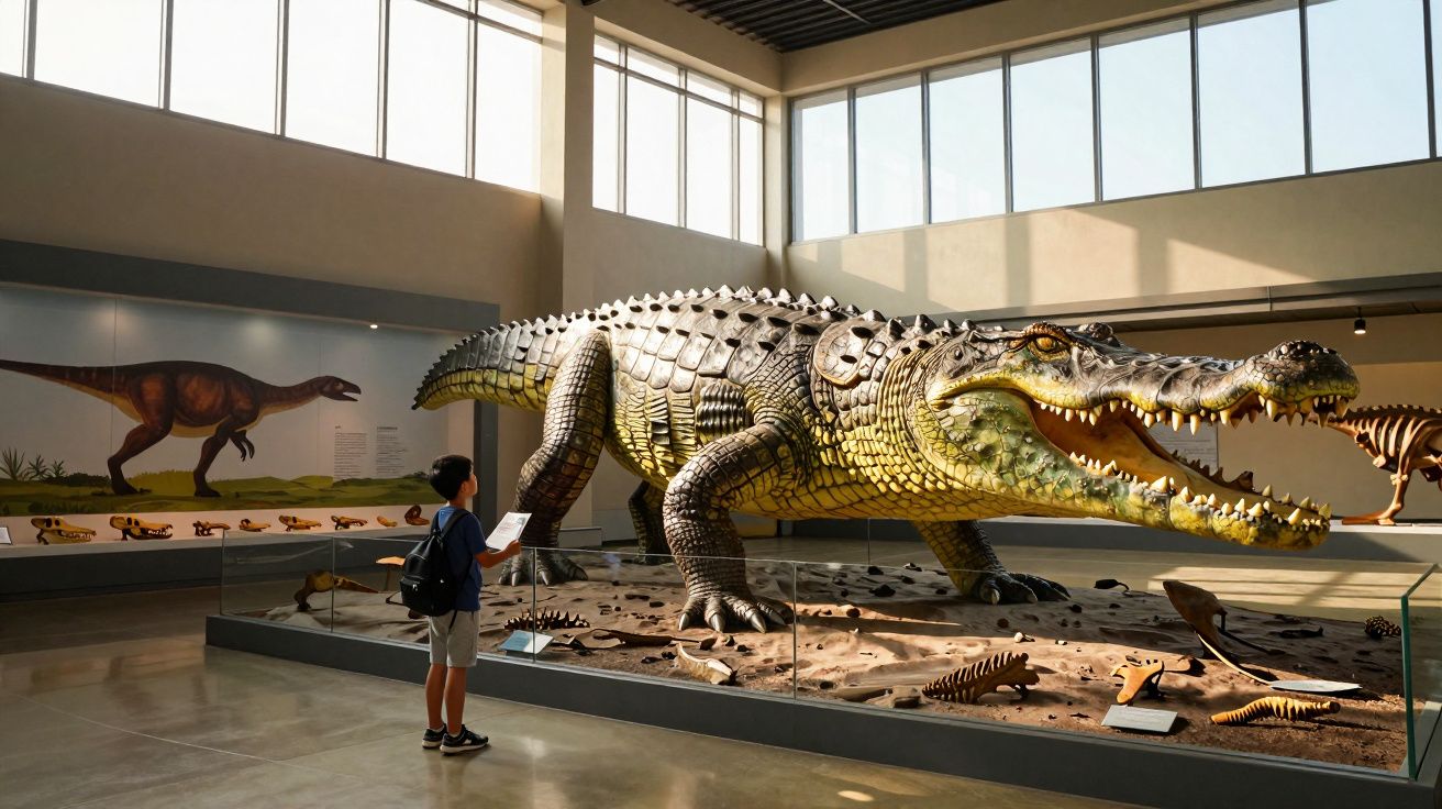 Criança observa réplica grande e detalhada de crocodilo pré-histórico em museu iluminado por luz natural.