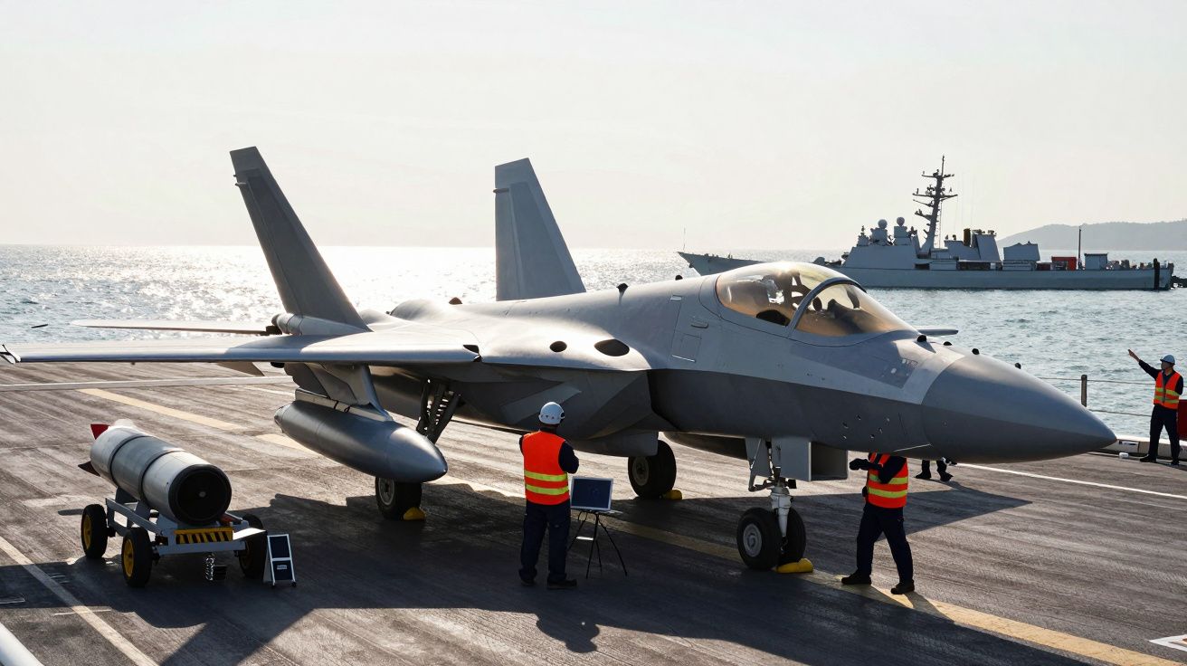 Avião militar num porta-aviões com tripulantes de coletes laranja e um navio de guerra ao fundo no mar.