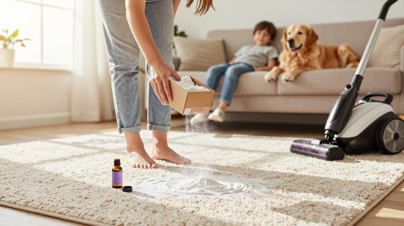 Pessoa a aplicar pó de limpeza com menino e cão no sofá ao fundo numa sala iluminada.