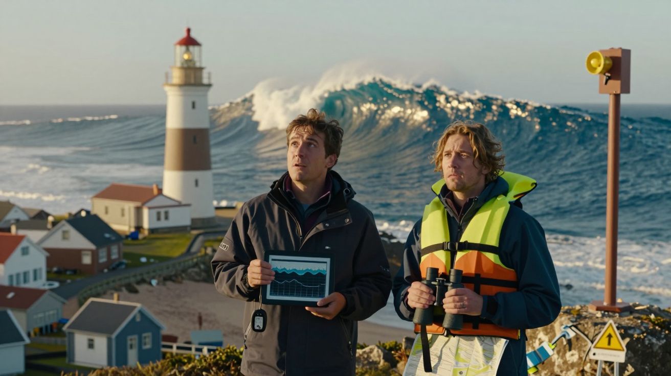 Dois homens com equipamento de segurança observam uma grande onda próxima a um farol e casas costeiras.