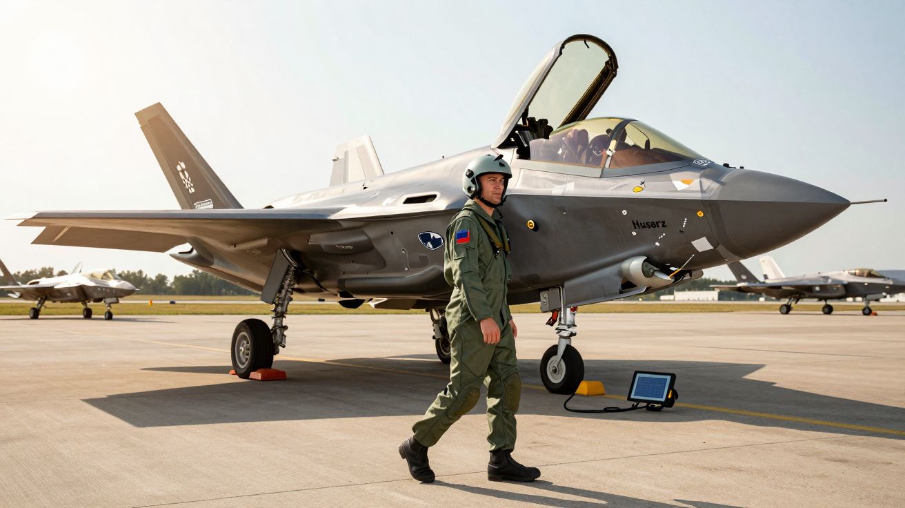 Piloto militar com fato de voo e capacete caminha perto de um caça F-35 estacionado numa pista de aeródromo.