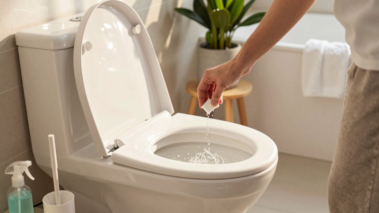 Pessoa a deitar pastilha no vaso sanitário para limpeza num banho luminoso com plantas e artigos de higiene.