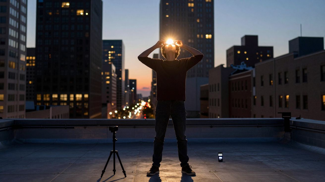 Pessoa em silhueta numa cobertura sem máscara a segurar luz brilhante à frente do rosto ao anoitecer na cidade.