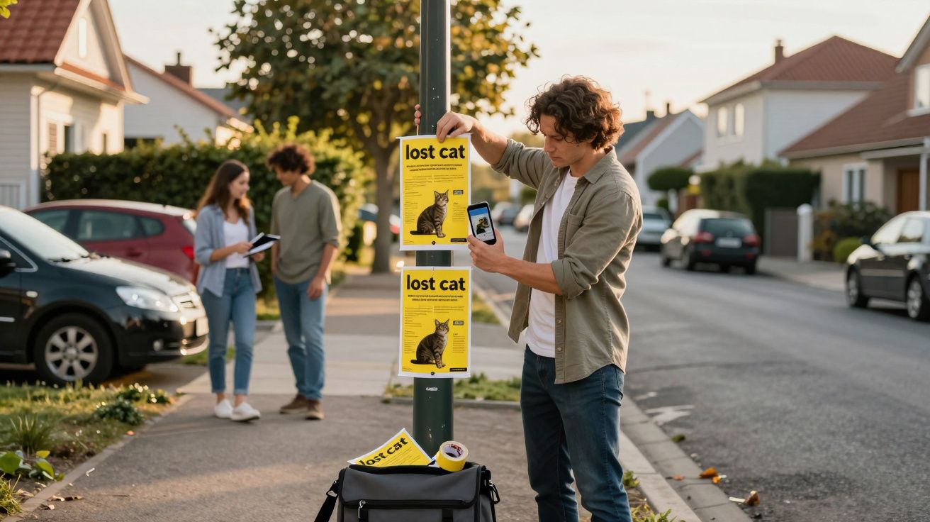 Homem afixa cartazes de gato perdido num poste na rua de um bairro residencial.