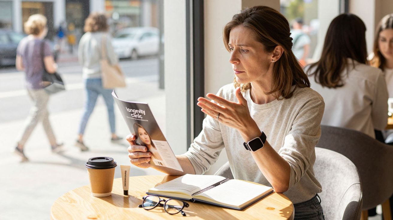 Mulher sentada num café, lendo um folheto e rodeada de objetos como cadernos, óculos e café.