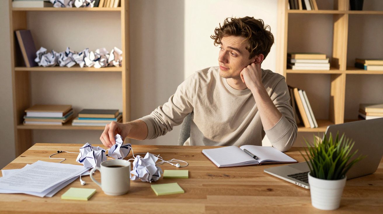 Jovem sentado numa secretária com papéis amassados, caneca de café e computador, parecendo pensativo.
